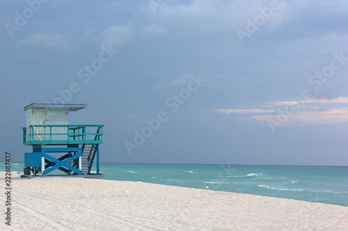 Lifeguard cabin on empty Miami Beach at cloudy sunrise. Seagulls on a sandy sea beach and lonely cabin near the water edge with a lifeguard off duty. © avmedved