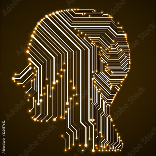 Abstract neon human head with circuit board
