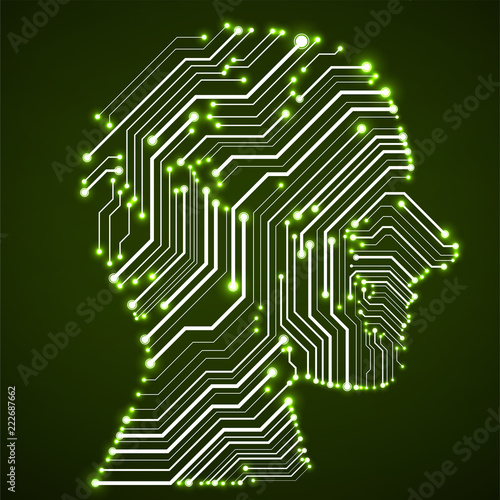 Abstract neon human head with circuit board