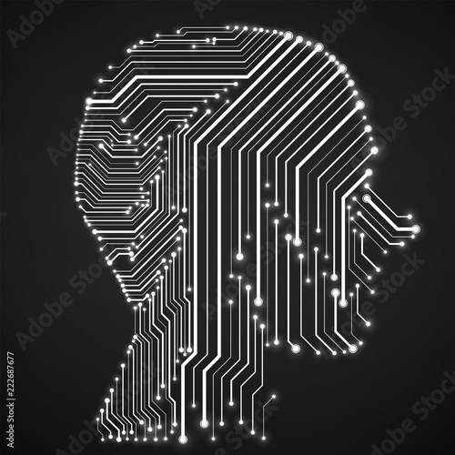 Abstract neon human head with circuit board