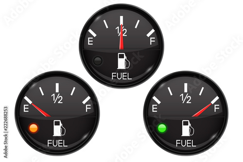 Fuel gauge. Set of round black car dashboard 3d devices with chrome frame