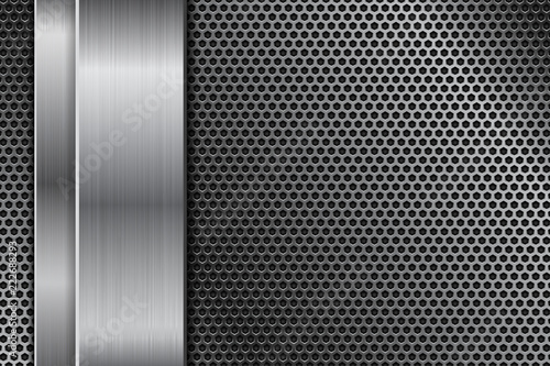 Metal perforated background with vertical stainless steel plate