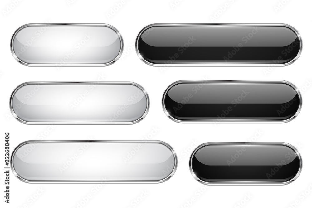 Black and white glass 3d buttons. Oval icons set with thin metal frame Black and white glass 3d buttons. Oval icons set with thin metal frame