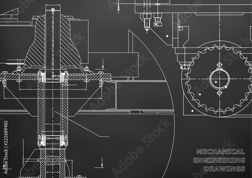 Blueprints. Mechanical engineering drawings. Cover. Banner. Technical Design. Black. Grid