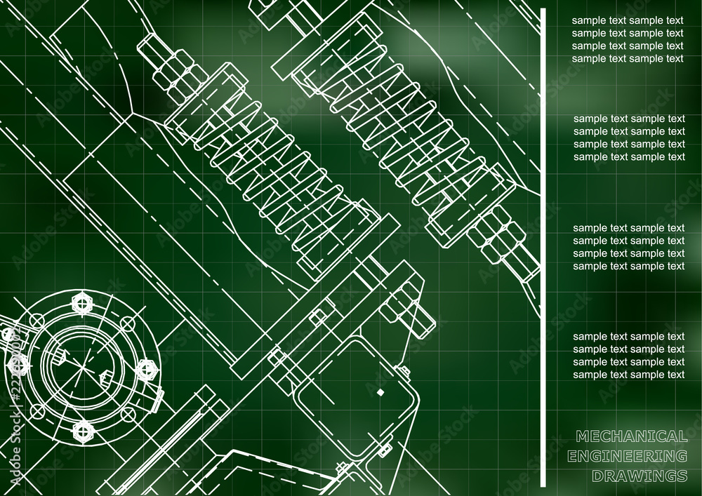 Obraz premium Mechanical engineering drawings. Cover, Label, Background for inscription. Corporate Identity. Green. Grid