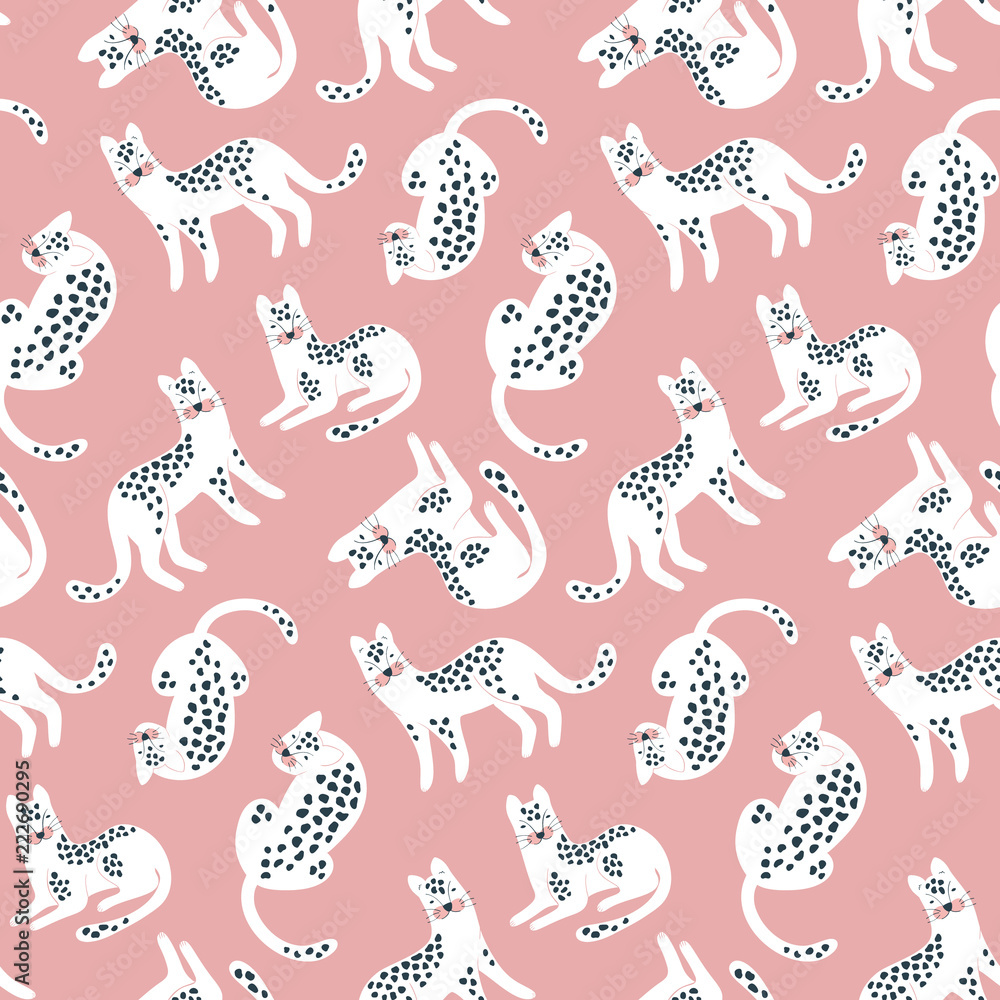 Fotografie Trendy hand drawn seamless pattern with white Leopards on pink backdrop
