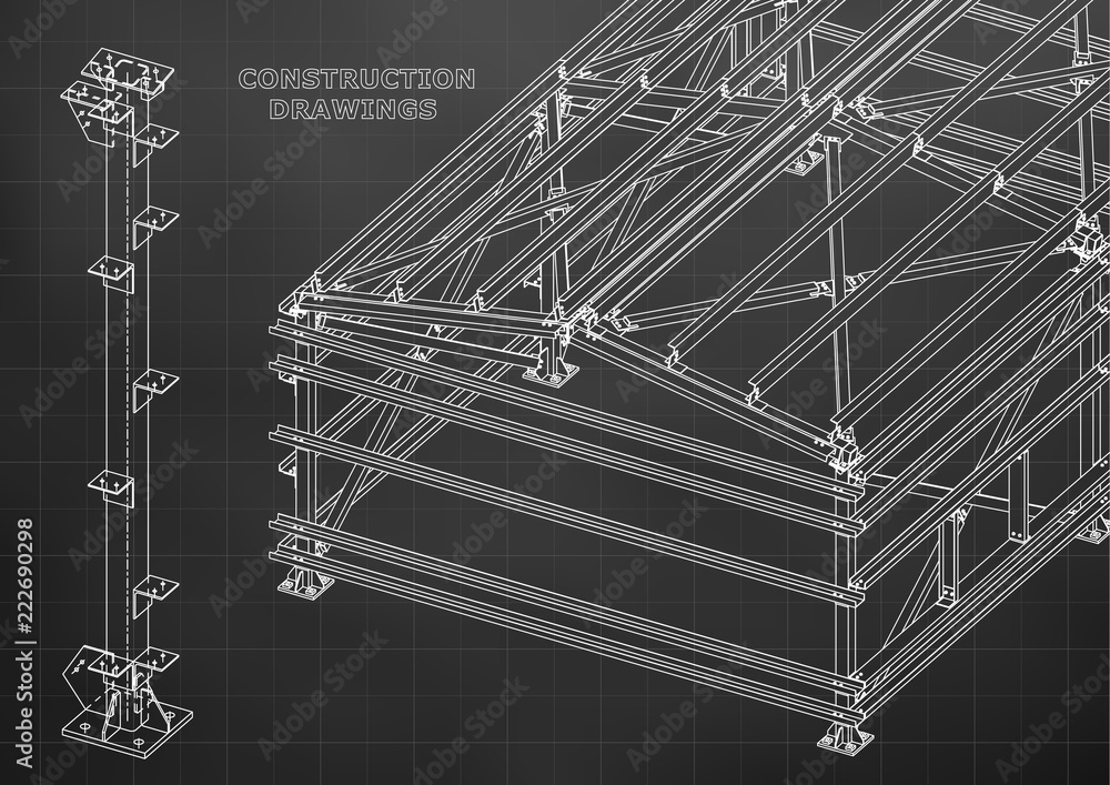 Building. Metal constructions. Volumetric constructions. 3D design. Abstract Cover, banner. Black. Grid
