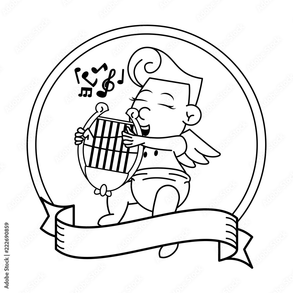 Cupid with harp on round emblem in black and white