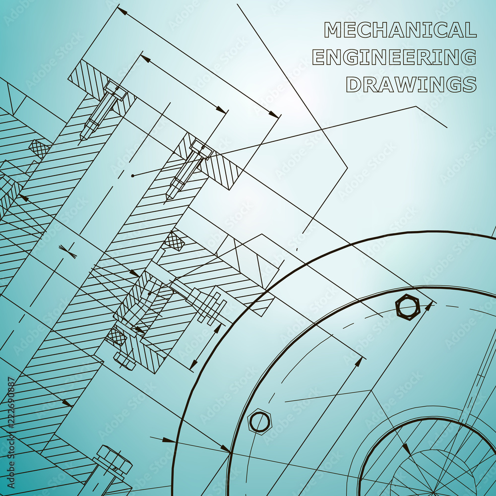 Backgrounds of engineering subjects. Technical illustration. Mechanical engineering. Technical design. Instrument making. Cover, banner. Light blue