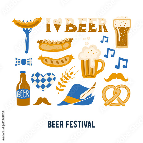 Set of Hand drawn traditional Beer festival attributes. Craft beer print. Doodle style. Vector template.