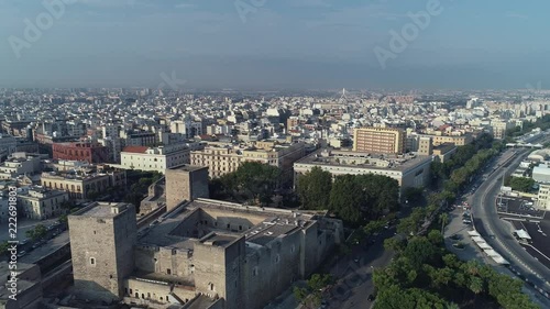 Drone Footage. Sunrise. Flying above Swabian Castle in Bari, Italy. 4K photo