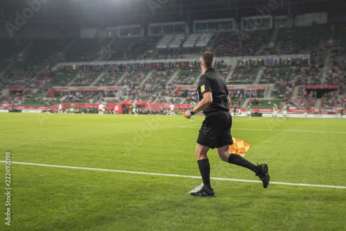 Assistant of football referee runing near the touch-line.
