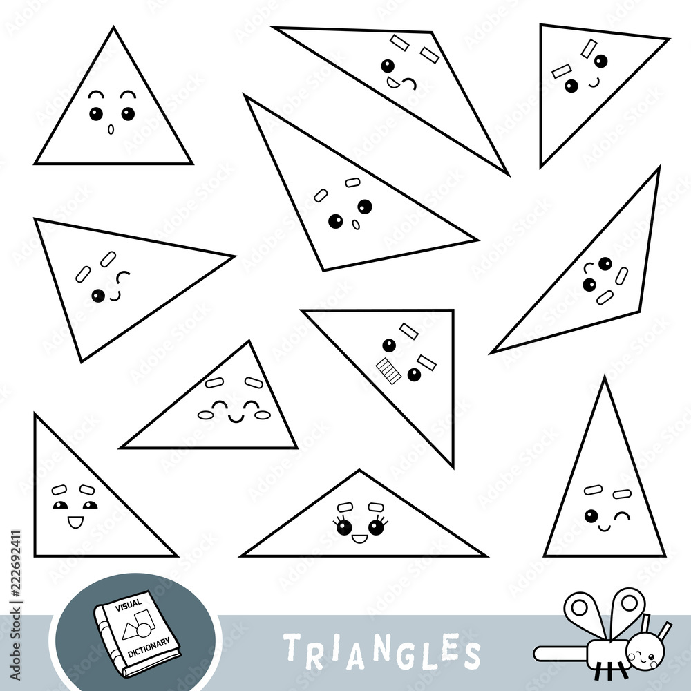 Black and white set of triangular shape objects. Visual dictionary for