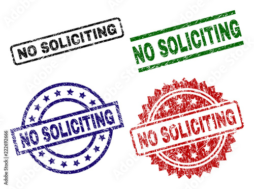NO SOLICITING seal prints with distress texture. Black, green,red,blue vector rubber prints of NO SOLICITING label with scratched texture. Rubber seals with circle, rectangle, medal shapes.