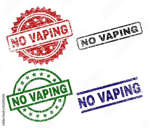 NO VAPING seal imprints with corroded texture. Black, green,red,blue vector rubber prints of NO VAPING text with corroded texture. Rubber seals with round, rectangle, medallion shapes.