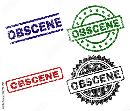 OBSCENE seal prints with damaged surface. Black, green,red,blue vector rubber prints of OBSCENE label with dust surface. Rubber seals with circle, rectangle, rosette shapes.