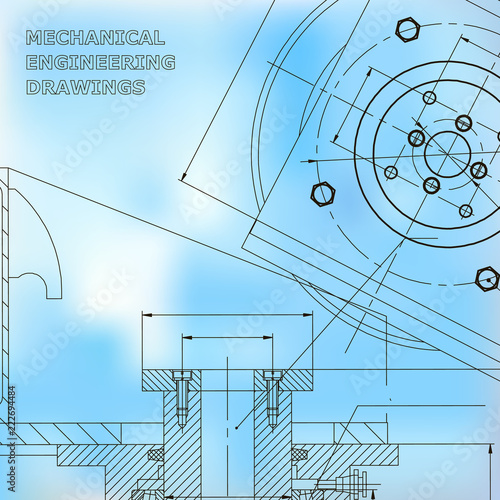 Mechanics. Technical design. Engineering style. Mechanical instrument making. Cover, flyer. Blue