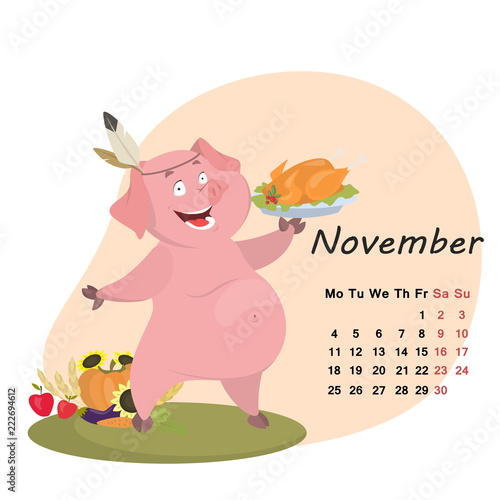 Cute month calendar with pig for November 2019