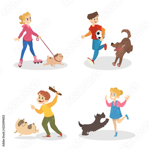 Children walking and playing with their dogs.
