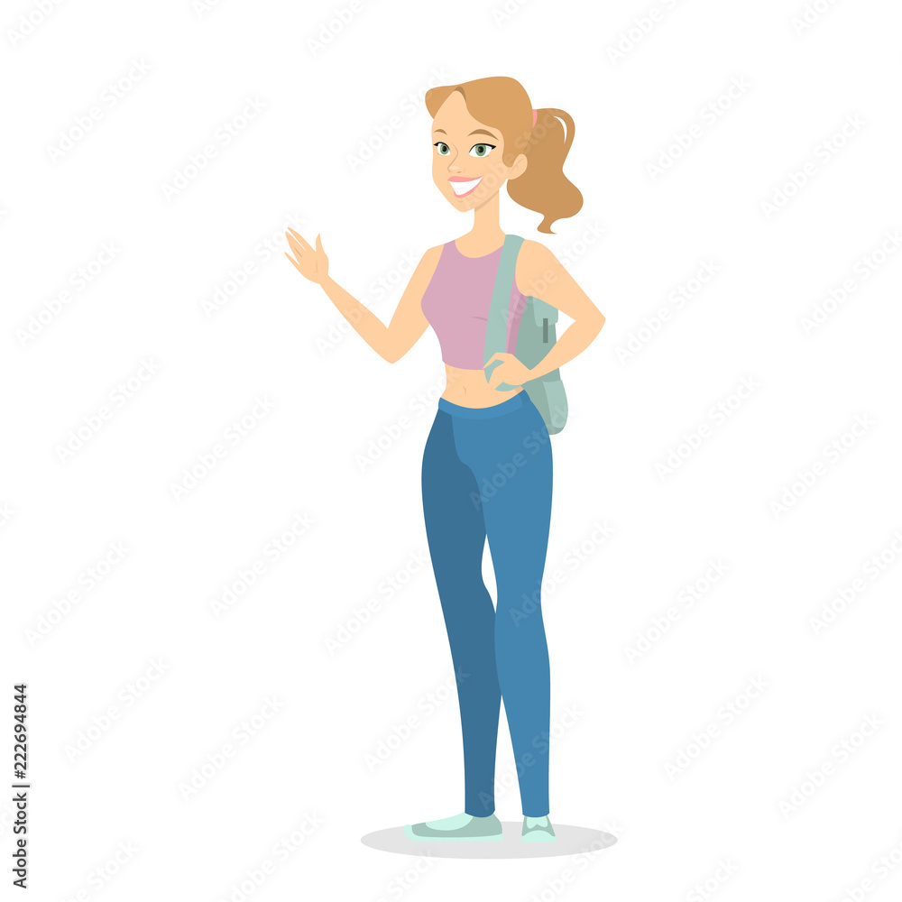 Pretty girl in sport clothes standing with small backpack Pretty girl in sport clothes standing with small backpack