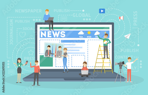 Small people making online news on the web page.