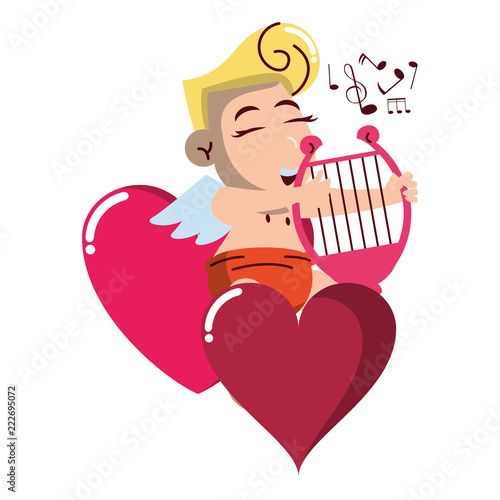 Cupid on hearts with harp