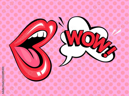 Open mouth with speech bubble saying wow