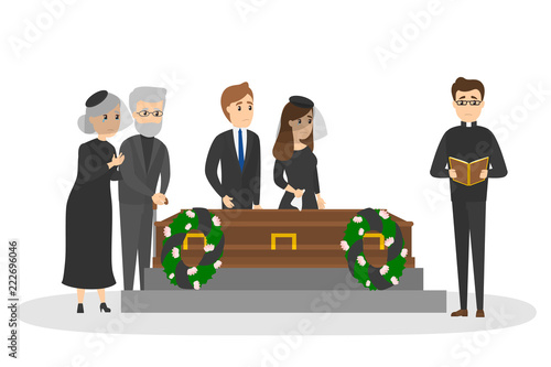 Funeral ceremony on the cemetery with sad people