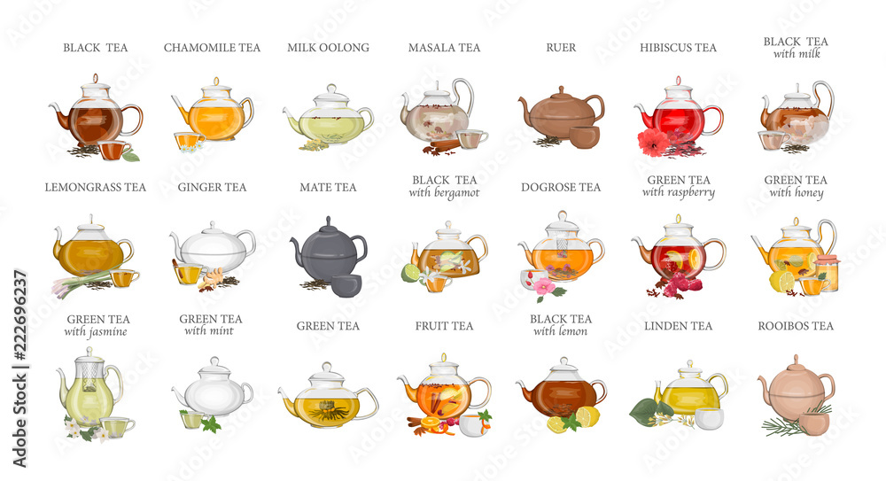 Tea types set. Kettle with hot drink