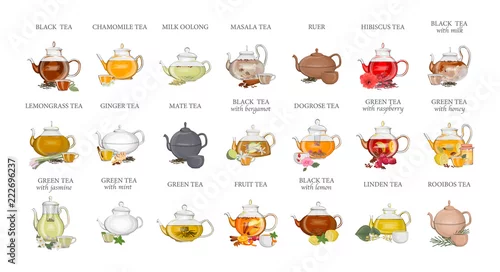 Obraz Tea types set. Kettle with hot drink