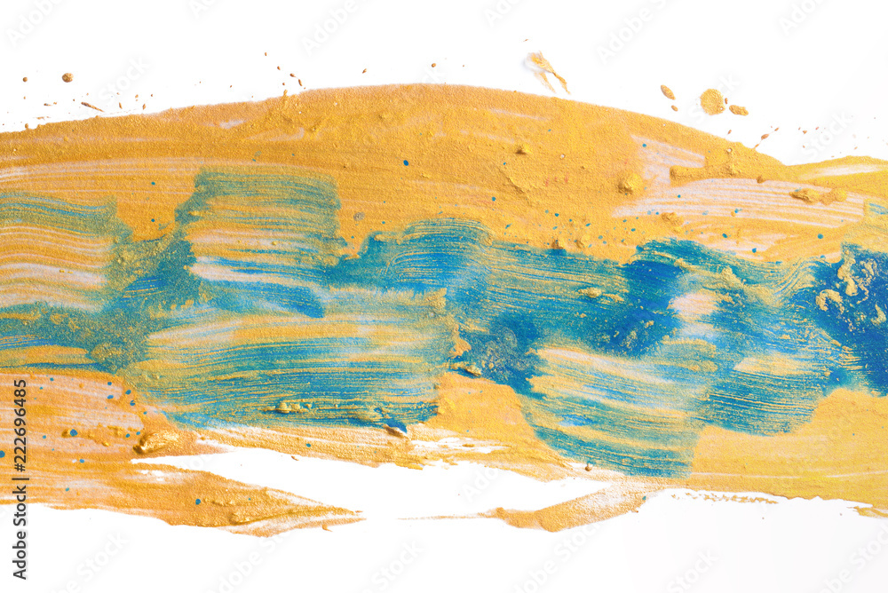 Trendy blue color and golden paint abstract strip with splashes of blue watercolor paint, hand drawn band painting,