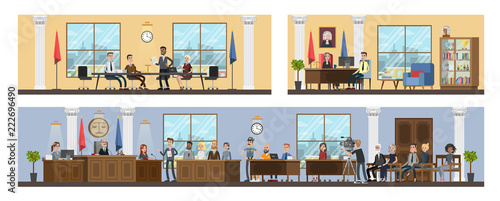 Court building interior with courtroom and offices.