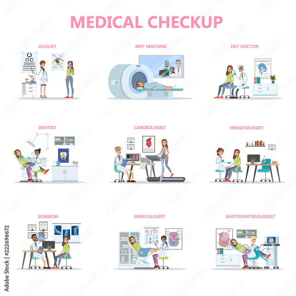 Full medical checkup set with patient and doctors