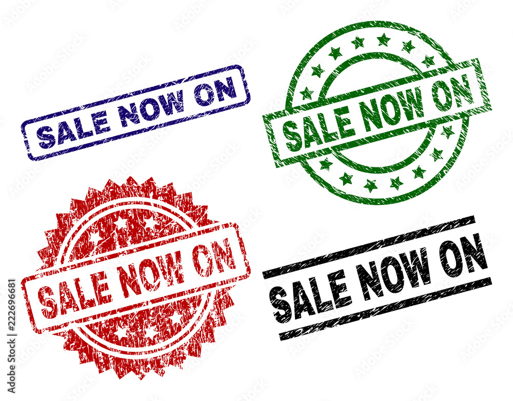 SALE NOW ON seal imprints with corroded surface. Black, green,red,blue vector rubber prints of SALE NOW ON label with scratched surface. Rubber seals with round, rectangle, medal shapes. SALE NOW ON seal imprints with corroded surface. Black, green,red,blue vector rubber prints of SALE NOW ON label with scratched surface. Rubber seals with round, rectangle, medal shapes.