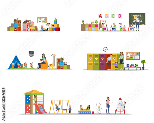 Kindergarten or nursery set with playing children