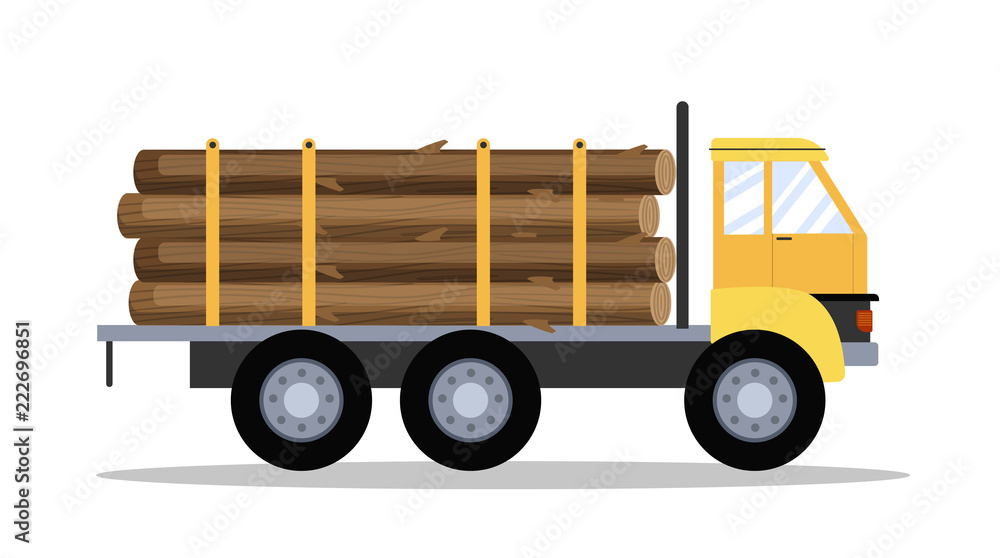 Big yellow truck with wood or lumber.