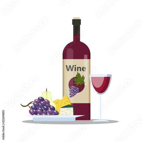 Bottle of red wine and glass full of alcohol drink