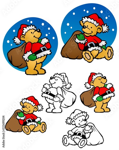 Teddy bear dressed as santa.  Santa bear with toybag.  Comes with two poses  and bonus black outline versions.