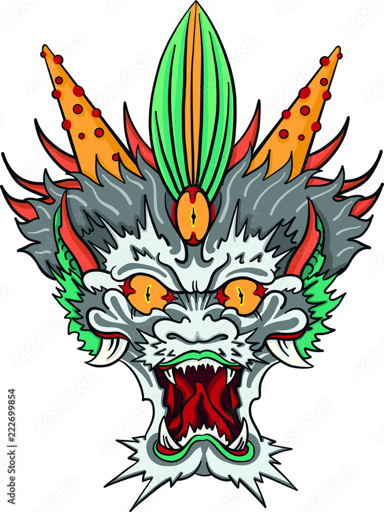 traditional hand drawn asian dragon head in color. Evil eyes, china