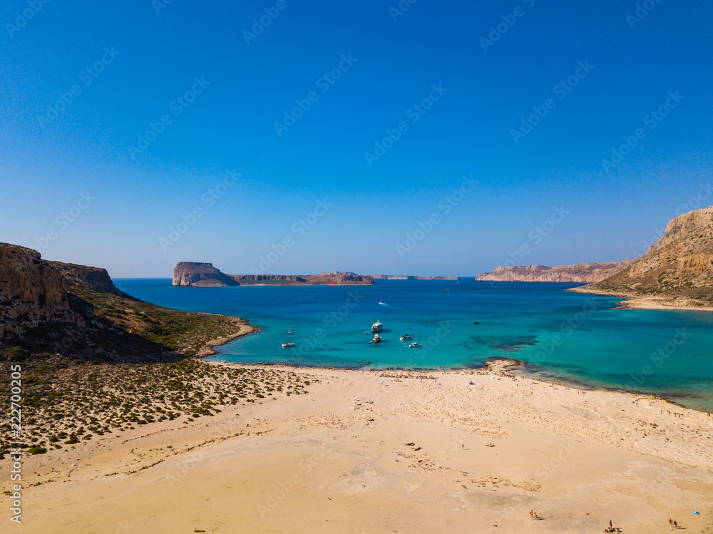 A unique beach in the protected area of Balos Beach. Aerial view from drone. Crete. Greece.