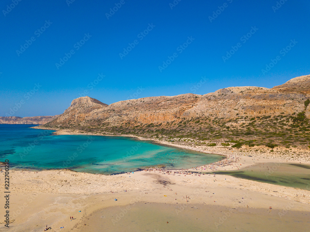 A unique beach in the protected area of Balos Beach. Aerial view from drone. Crete. Greece.
