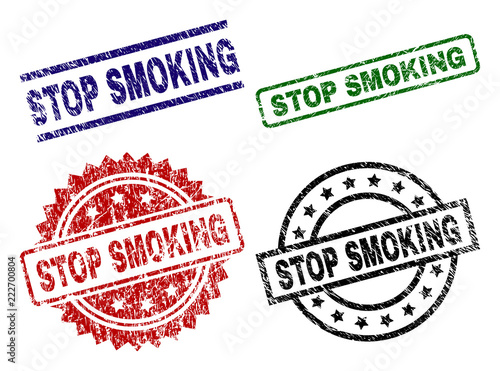 STOP SMOKING seal stamps with corroded texture. Black, green,red,blue vector rubber prints of STOP SMOKING label with corroded texture. Rubber seals with round, rectangle, medal shapes.