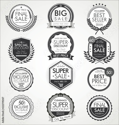 Retro vintage sale badges and labels collection