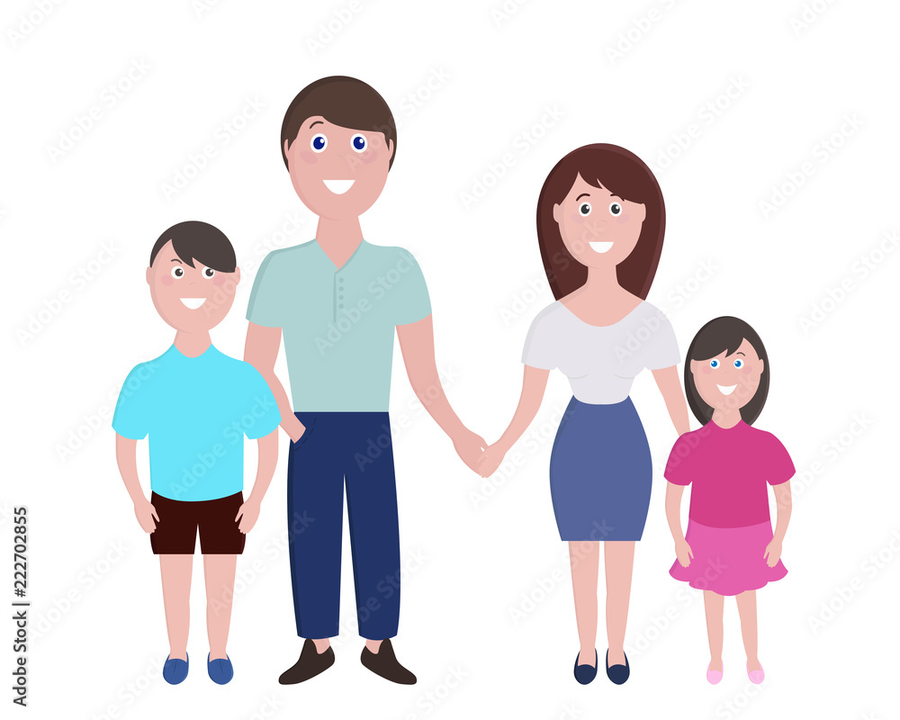 Amicable family. Happy cartoon family. Vector image of mom, dad, son and daughter on white background. 