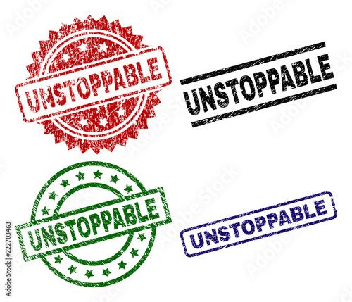 UNSTOPPABLE seal prints with corroded style. Black, green,red,blue vector rubber prints of UNSTOPPABLE tag with grunge style. Rubber seals with round, rectangle, medallion shapes.