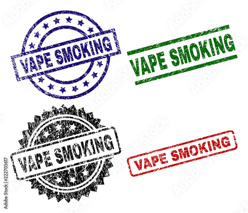 VAPE SMOKING seal prints with damaged surface. Black, green,red,blue vector rubber prints of VAPE SMOKING text with scratched surface. Rubber seals with round, rectangle, medal shapes.