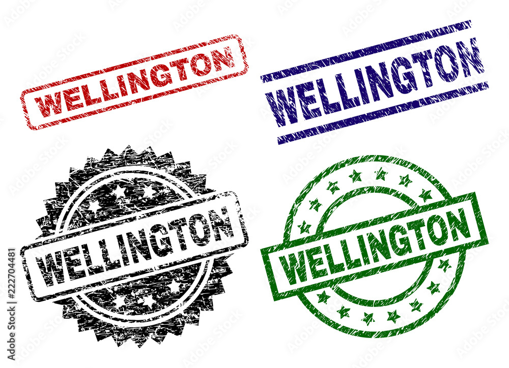 WELLINGTON seal prints with corroded surface. Black, green,red,blue vector rubber prints of WELLINGTON title with dust texture. Rubber seals with round, rectangle, rosette shapes. WELLINGTON seal prints with corroded surface. Black, green,red,blue vector rubber prints of WELLINGTON title with dust texture. Rubber seals with round, rectangle, rosette shapes.