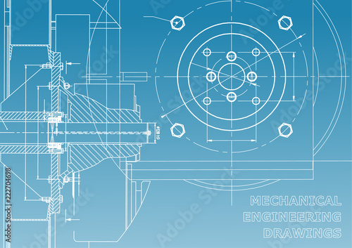 Technical illustration. Mechanical engineering. Backgrounds of engineering subjects. Technical design. Blue and white