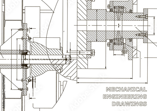 Technical illustration. Mechanical engineering. Backgrounds of engineering subjects. Technical design. Instrument making. Cover, banner, flyer, background. Blue and white