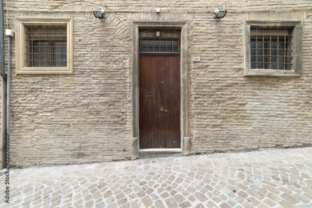 antique entrance door, wood and metal and window antique entrance door, wood and metal and window
